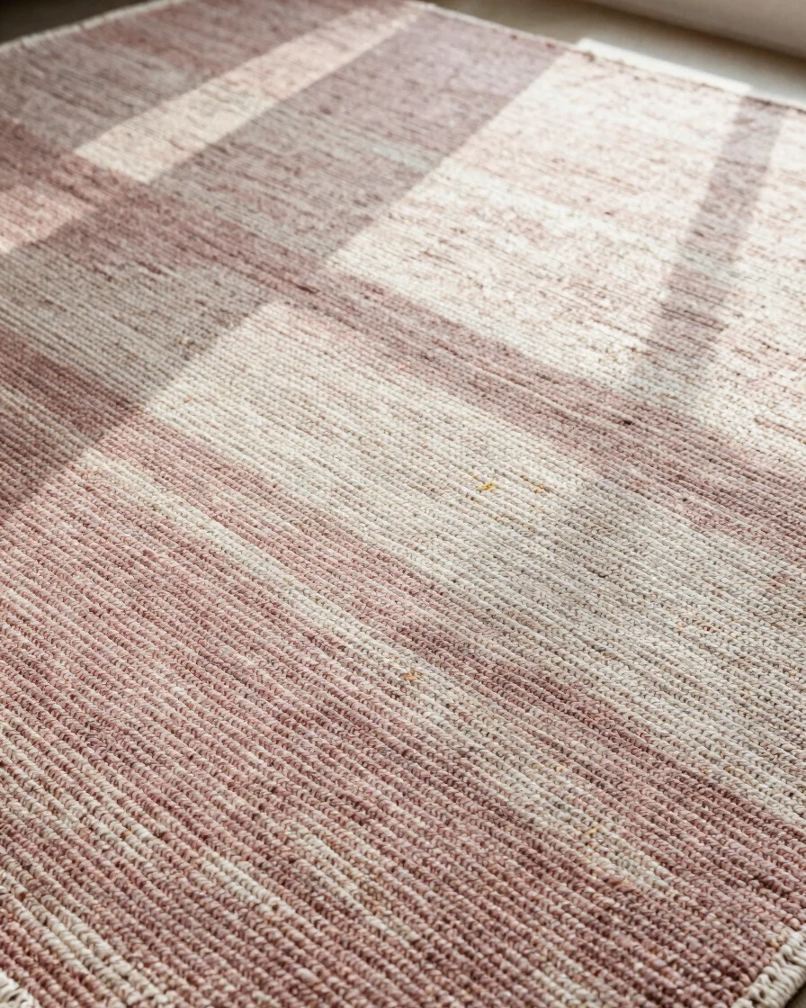 Editorial close-up of a woven rug surface in dusty rose and ivory tones, soft window daylight casting gentle shadows, sh